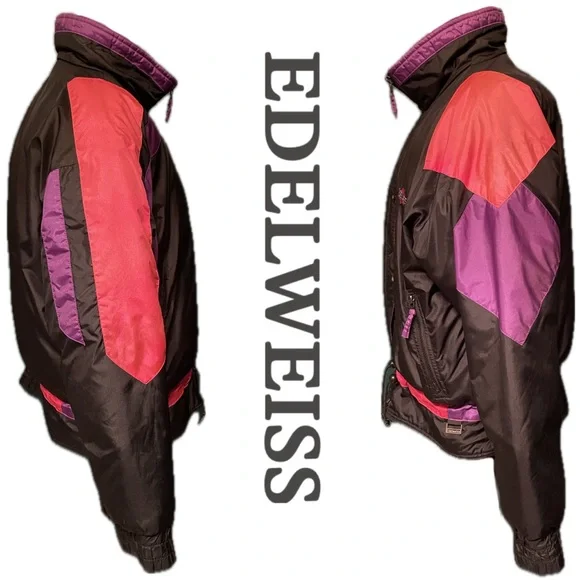 VINTAGE 80s 90s Edelweiss Skiwear Puffer Ski Jacket Snow Parka Black Pink Purple